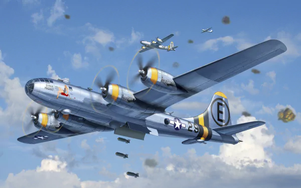 2K Quad HD PC desktop wallpaper: military Boeing B-29 Superfortress bomber formation dropping bombs through clouds in vintage warplane aircraft artwork.