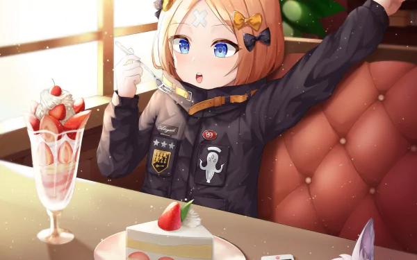 Abigail Williams (Foreigner, Fate/Grand Order) — anime, blue-eyed, enjoying cake and a parfait at a sunlit café; 2K Quad HD desktop wallpaper.