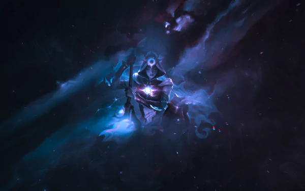 Blue cosmic portrait of Nidalee from League of Legends, wielding a glowing spear amid nebula clouds — 4K Ultra HD PC desktop wallpaper/background.
