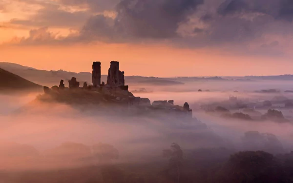 fog dorset ruin England man made corfe castle HD Desktop Wallpaper | Background Image