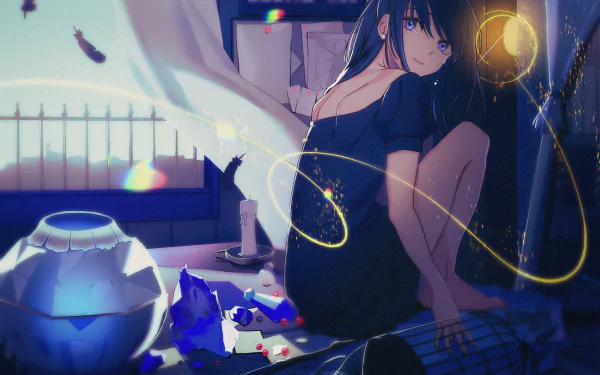 Anime girl with blue hair and blue eyes, barefoot and tearful, sits in a dimly lit room surrounded by scattered objects, captured in an HD PC desktop wallpaper.