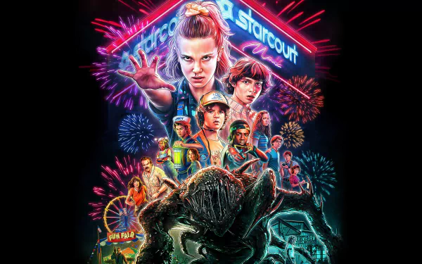 Stranger Things TV show 8K Ultra HD PC desktop wallpaper: neon‑retro poster of a telekinetic girl reaching forward, a group of kids and a looming shadowy monster beneath fireworks.