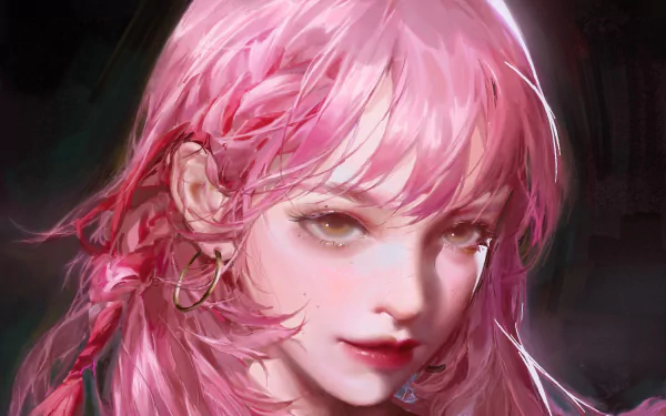 HD anime portrait of a woman with vibrant pink hair styled in pigtails, wearing earrings, set against a dark background, designed as a PC desktop wallpaper.