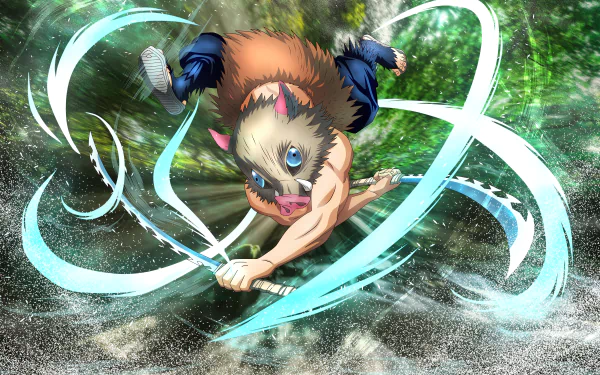 HD desktop wallpaper featuring Inosuke Hashibira from the anime Demon Slayer: Kimetsu no Yaiba, showcasing him dynamically wielding dual swords with a green, forested background.