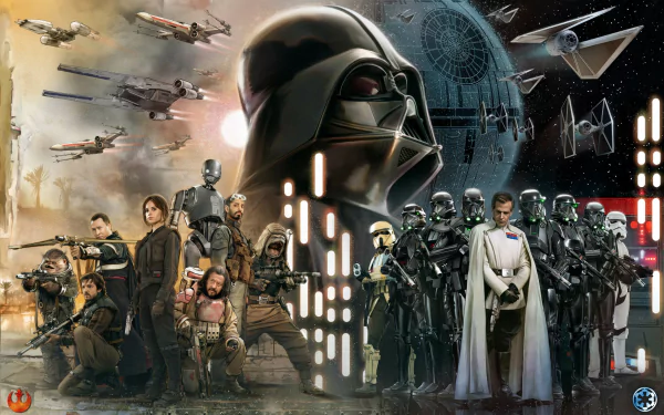 HD wallpaper featuring characters Orson Krennic, Baze Malbus, K-2SO, Cassian Andor, Jyn Erso, Chirrut Îmwe, and Darth Vader from Rogue One: A Star Wars Story, with iconic Star Wars elements in the background.