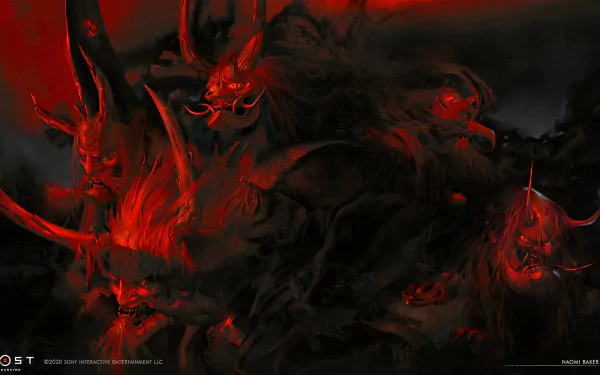 Dark, fiery demonic figures from Ghost of Tsushima game featured in a striking 4K Ultra HD PC desktop wallpaper.