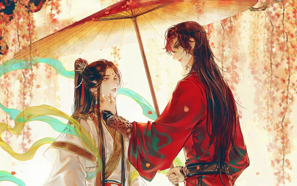 A captivating HD wallpaper featuring Xie Lian and San Lang from Heaven Official's Blessing, surrounded by a vibrant backdrop of floral elements and traditional Chinese motifs.
