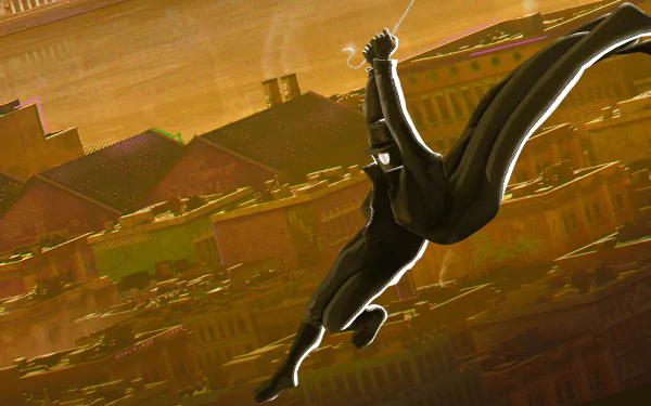 Spider-Man Noir swings over a sunlit, stylized cityscape with dramatic noir shading — 2K Quad HD PC desktop wallpaper from the movie Spider-Man: Into the Spider-Verse.