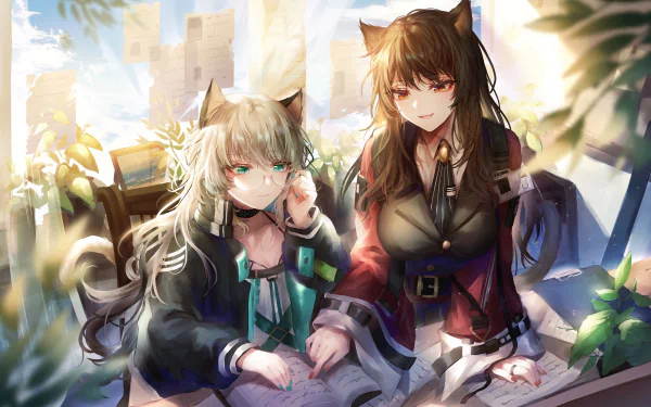 4K Ultra HD PC desktop wallpaper of Skyfire and Mint (Arknights): two cat-eared characters by a sunlit window, sharing a book—vibrant video game artwork and cozy background.
