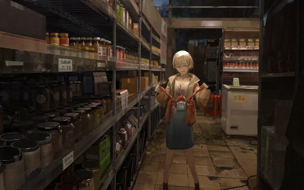 Anime-style character with short hair stands in a dimly lit shop aisle, surrounded by shelves stocked with various goods, in a highly detailed 4K Ultra HD desktop wallpaper.