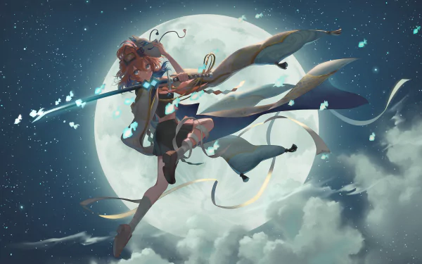 Anime warrior wielding a glowing sword leaps against a full moon in a dynamic night scene, designed as an HD PC desktop wallpaper and background.