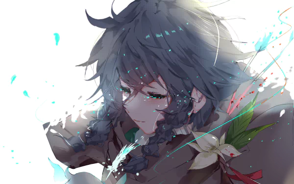 A serene depiction of the Nameless Bard from Genshin Impact, featuring a colorful splash of elements and an ethereal background, designed as a high-definition PC desktop wallpaper.