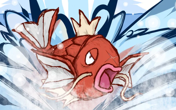 HD anime-style wallpaper featuring Magikarp, the iconic Pokémon, splashing energetically in water with dynamic waves and vibrant colors.