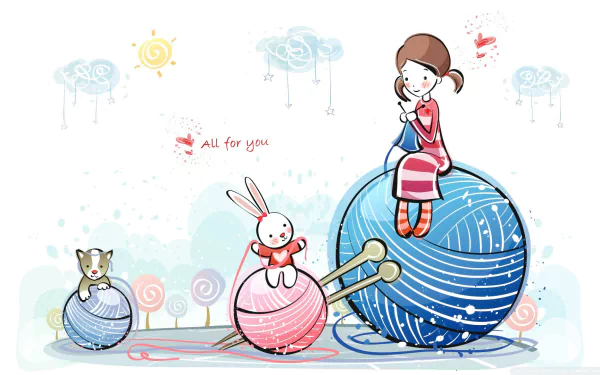 HD PC desktop wallpaper titled Childhood Dream: artistic pastel scene of a girl, a bunny and a cat sitting on oversized yarn balls beneath whimsical clouds.