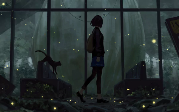 A serene anime girl stands in a dimly lit space, surrounded by glowing fireflies. A black cat playfully explores nearby, creating a magical night ambiance in this HD wallpaper.