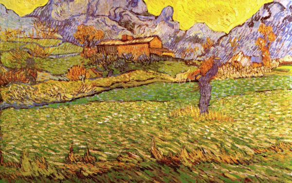 HD PC desktop wallpaper featuring an artistic Vincent Van Gogh painting of a vibrant countryside landscape with mountains and fields under a bright yellow sky.