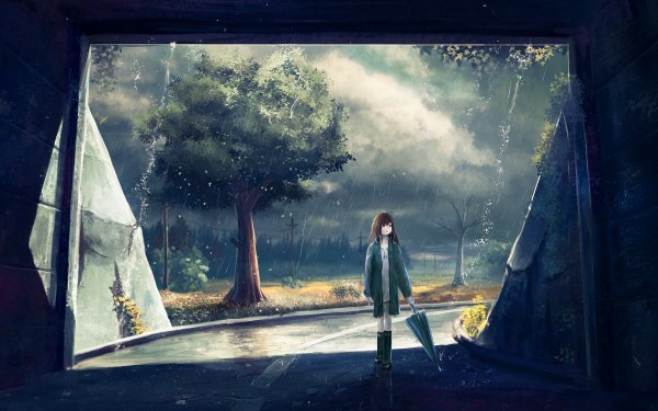 Anime Original Túnel Lluvia Paraguas Árbol Nube Fondo de pantalla HD | Fondo de Escritorio