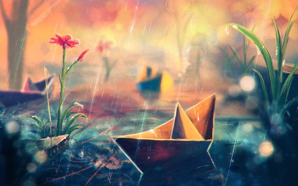 Anime Rain Paper Boat Flower HD Wallpaper | Background Image