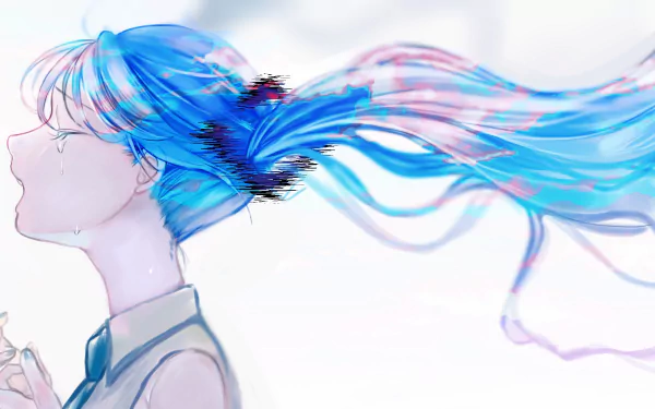 Profile portrait of crying Hatsune Miku, anime Vocaloid with long flowing blue hair trailing like ribbons; serene pastel 2K Quad HD PC desktop wallpaper and background.