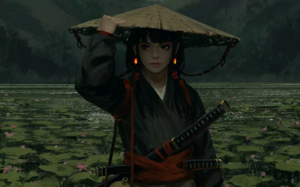 A fantasy-themed HD desktop wallpaper featuring a female warrior (ronin) standing by a serene lake filled with flowers, wearing traditional attire and a conical hat.