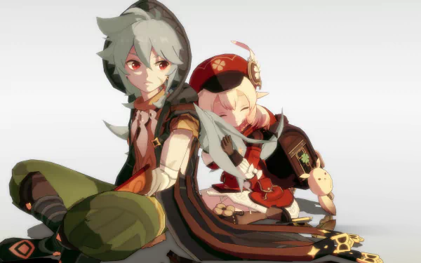 HD desktop wallpaper featuring Razor and Klee from the video game Genshin Impact, with Razor seated in the foreground and Klee leaning on them with a joyful expression.