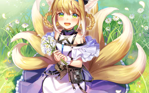 Bright HD PC desktop wallpaper of Suzuran from the Arknights video game — blonde, animal-eared girl with green eyes and blush, smiling in a flower-filled meadow, holding white blossoms.