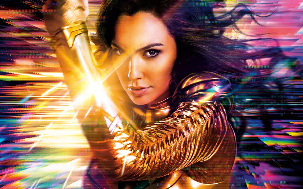 HD desktop wallpaper featuring Gal Gadot as Wonder Woman in her golden armor from the DC Comics movie Wonder Woman 1984, with dynamic light and glitch effects.