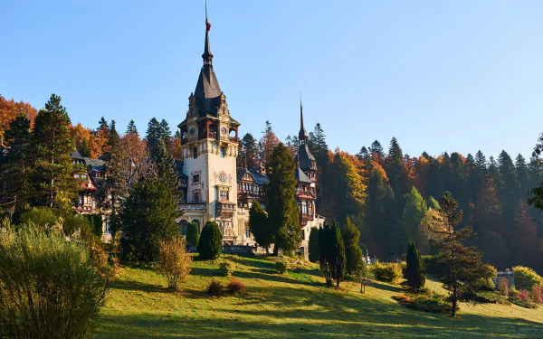 Peles Castle in Transylvania, Romania, stands majestically surrounded by autumn trees under a clear blue sky, featured in an HD PC desktop wallpaper.