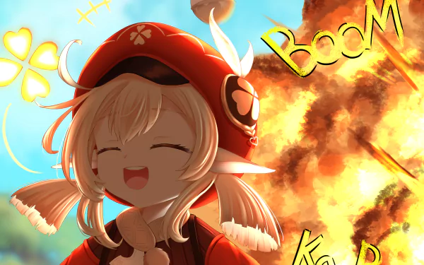 HD PC desktop wallpaper of Klee (Genshin Impact) smiling as a fiery explosion with Boom text lights the sky — colorful Genshin Impact video game artwork.