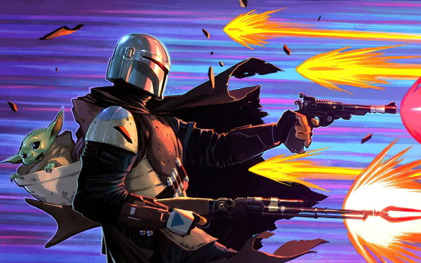 A dynamic 4K Ultra HD wallpaper featuring The Mandalorian character in action, with Baby Yoda by his side, surrounded by vibrant colors and laser fire, inspired by the TV show The Mandalorian.