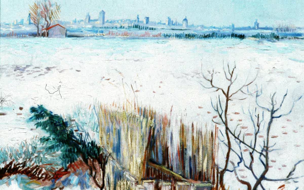HD desktop wallpaper featuring a winter landscape painting by Vincent Van Gogh, showcasing snowy fields, bare trees, and a distant city skyline in an artistic style.