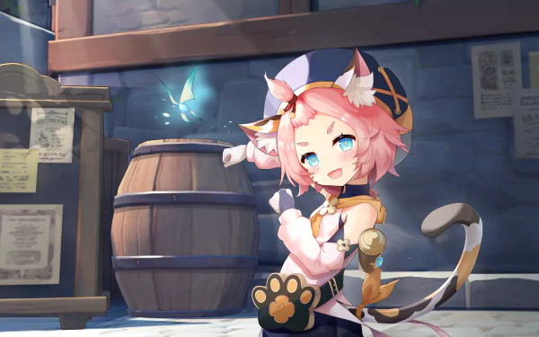 HD desktop wallpaper featuring Diona from the video game Genshin Impact. The background shows a quaint setting with a wooden barrel and ambient soft light.
