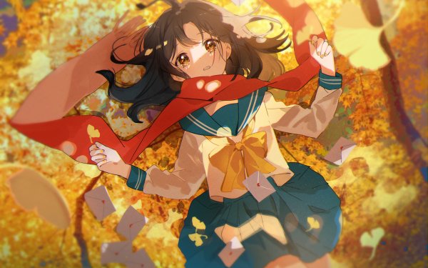 Anime Girl Black Hair Brown Eyes Scarf School Uniform Fall HD Wallpaper | Background Image