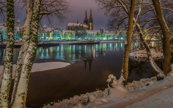Winter night view of Regensburg, Bavaria, Germany, featuring snow-covered trees along the river and illuminated historic buildings reflected in the water.