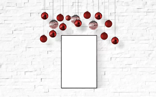 4K Ultra HD desktop wallpaper featuring a blank frame surrounded by hanging red Christmas baubles against a white brick wall, evoking festive holiday decoration.