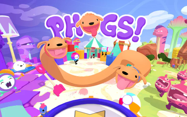 HD wallpaper featuring the colorful world of Phogs!, with two connected cartoon dog characters smiling and stretching across the screen.