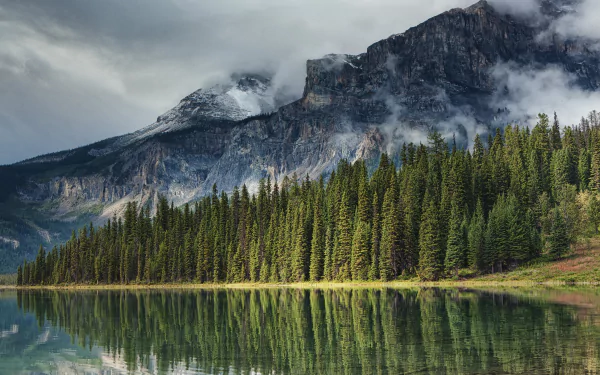 4K Ultra HD PC desktop wallpaper: Canadian mountain and fir-tree shoreline mirrored in a glassy lake.