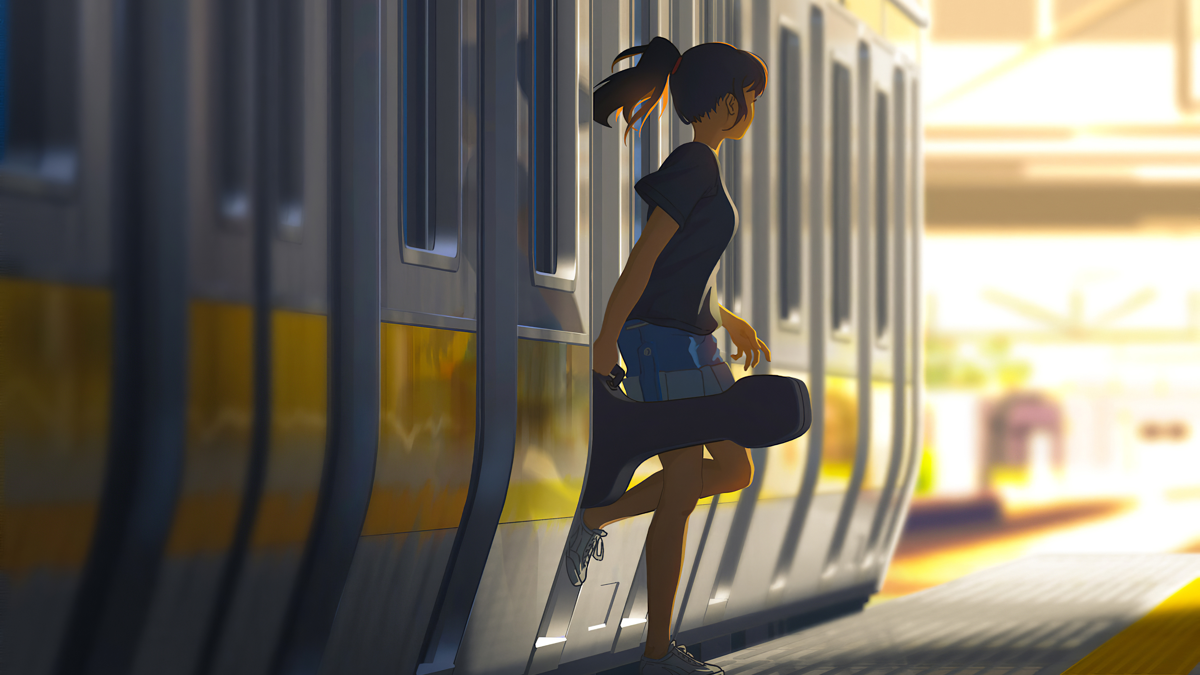 A Girl Exiting A Train With A Guitar by bysau_