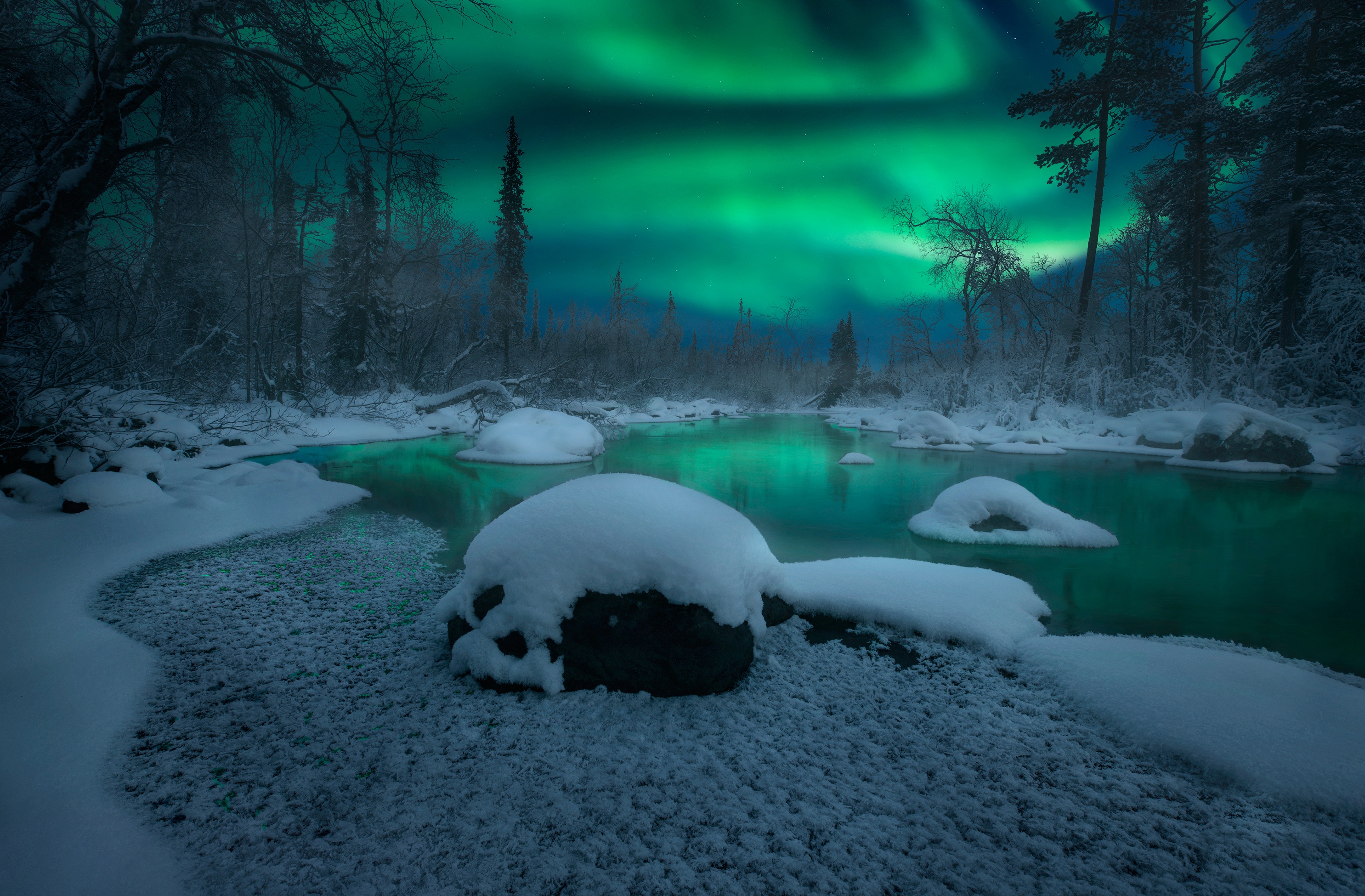 Download Night Nature Russia River Snow Winter Aurora Borealis HD Wallpaper
