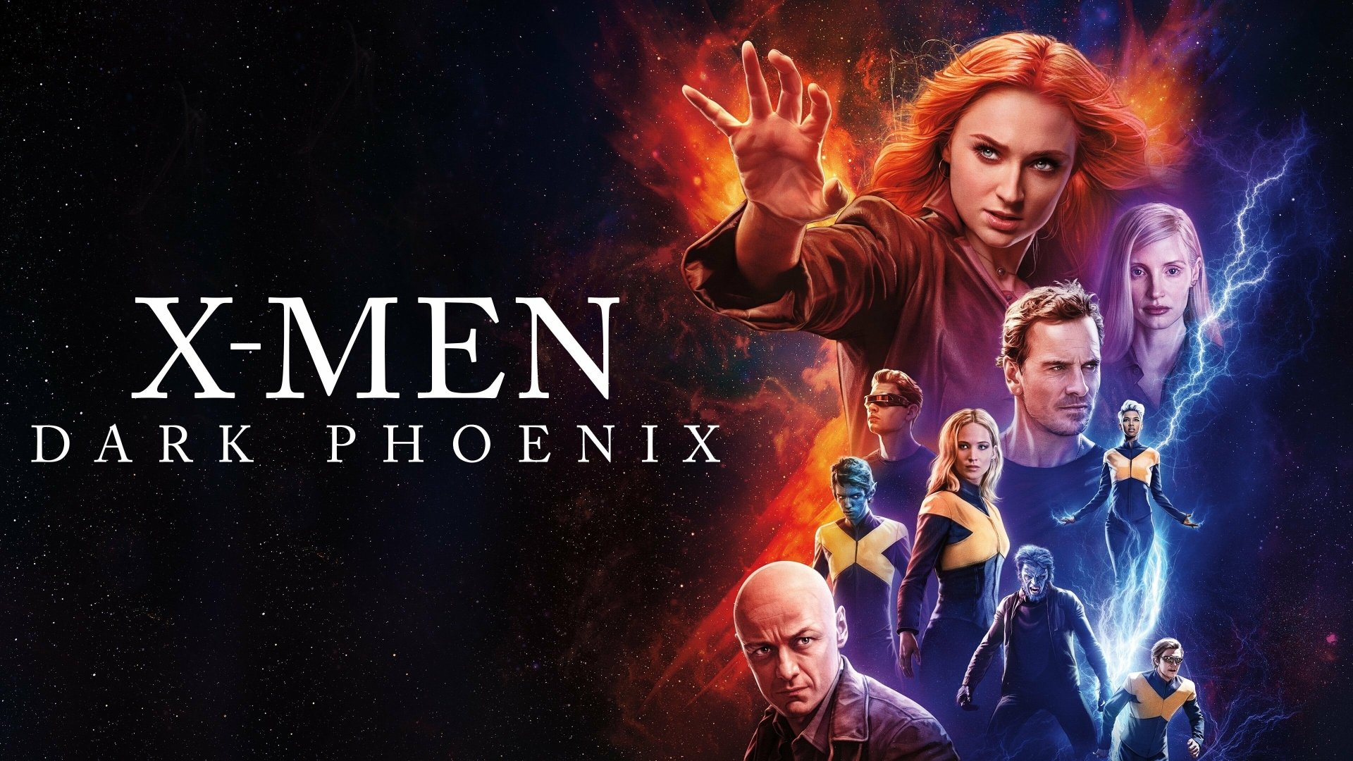 4K Ultra HD PC wallpaper for Dark Phoenix: Jean Grey/Phoenix erupts in flames, flanked by Cyclops, Professor X, Storm, Beast, Magneto and Mystique against a cosmic, fiery backdrop.