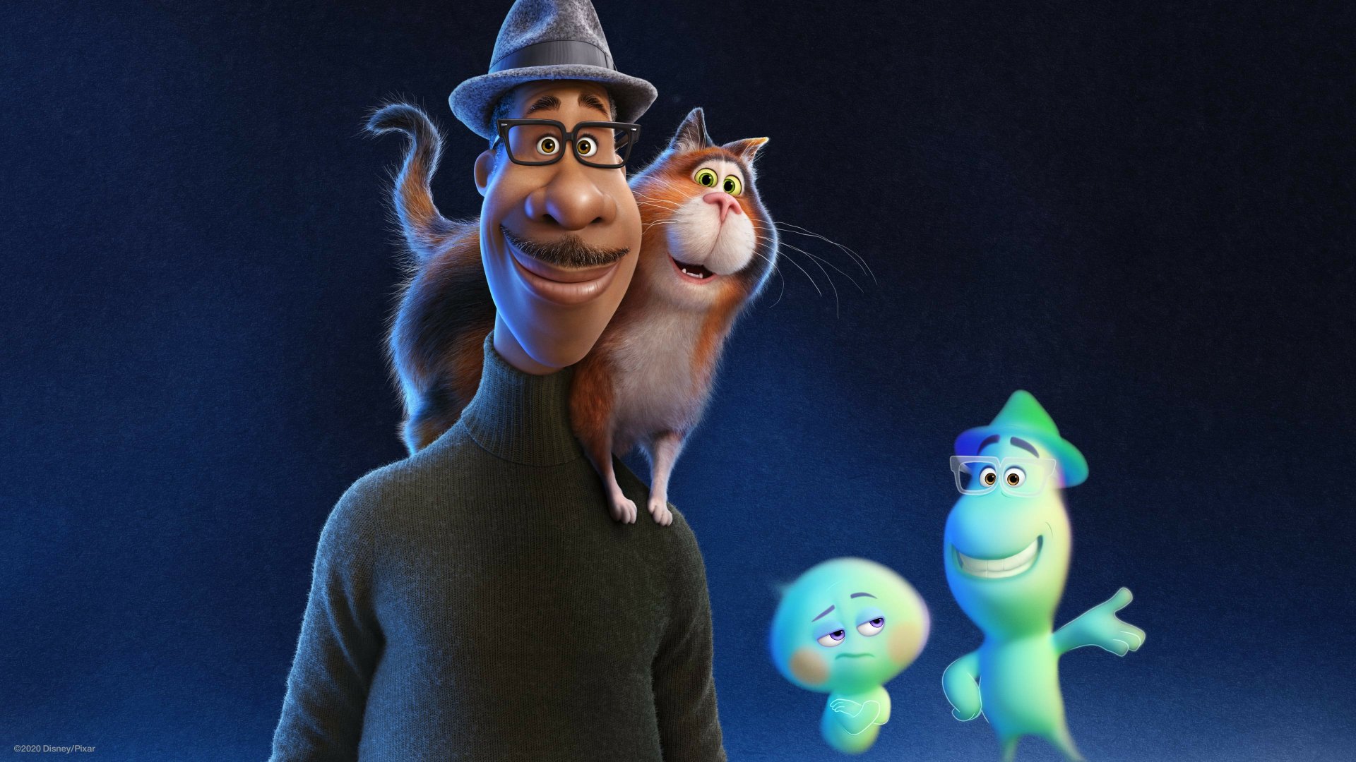 4K Ultra HD PC desktop wallpaper from Pixar's Soul (2024): Joe Gardner with a cat on his shoulder and two glowing souls against a dark blue background.
