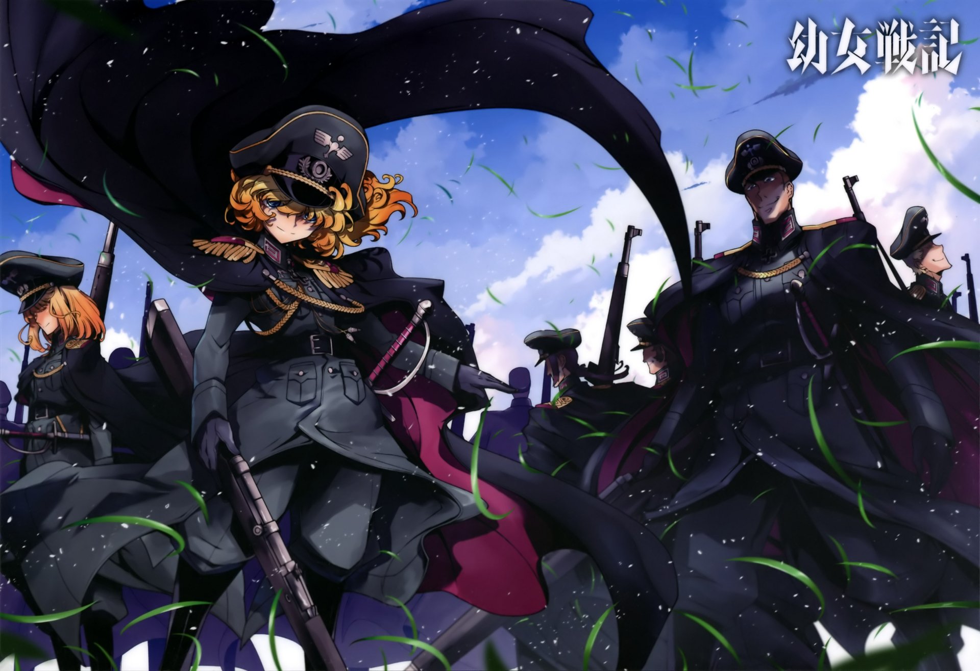 HD PC desktop wallpaper featuring Tanya Degurechaff and characters from the anime The Saga of Tanya the Evil against a dramatic sky backdrop.
