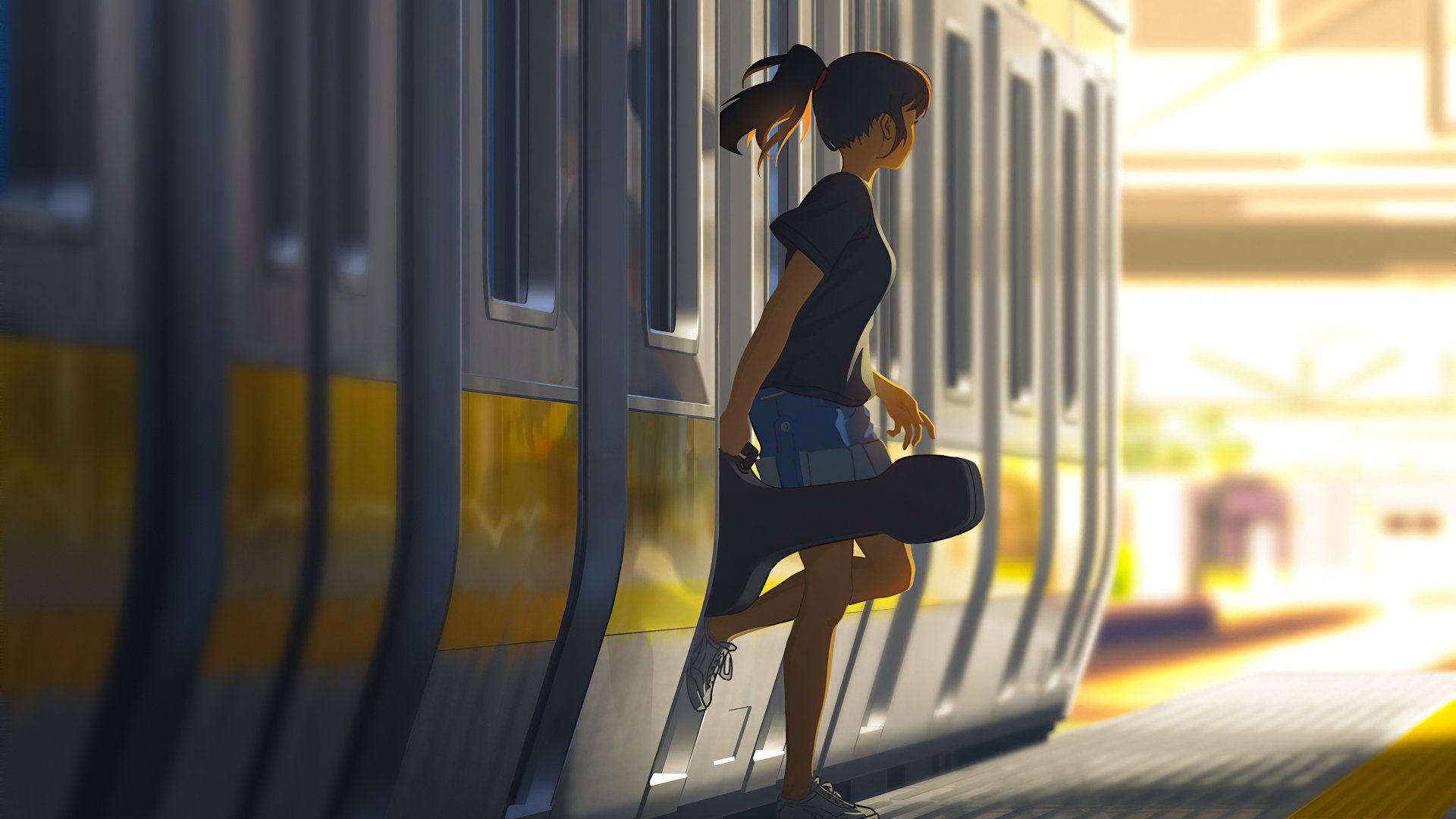 Anime girl with brunette hair holding a guitar case stands at a train station beside a train, depicted in a 4K Ultra HD PC desktop wallpaper style.