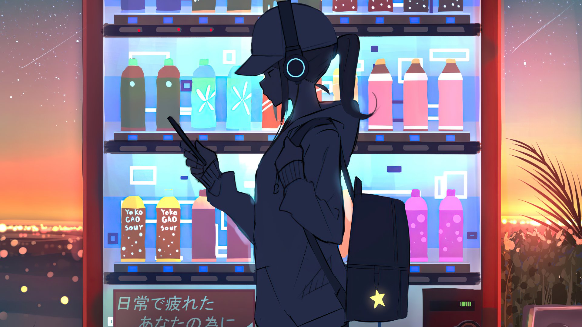 Anime girl wearing headphones stands in front of a vending machine at sunset, holding a phone in this vibrant 4K Ultra HD PC desktop wallpaper.