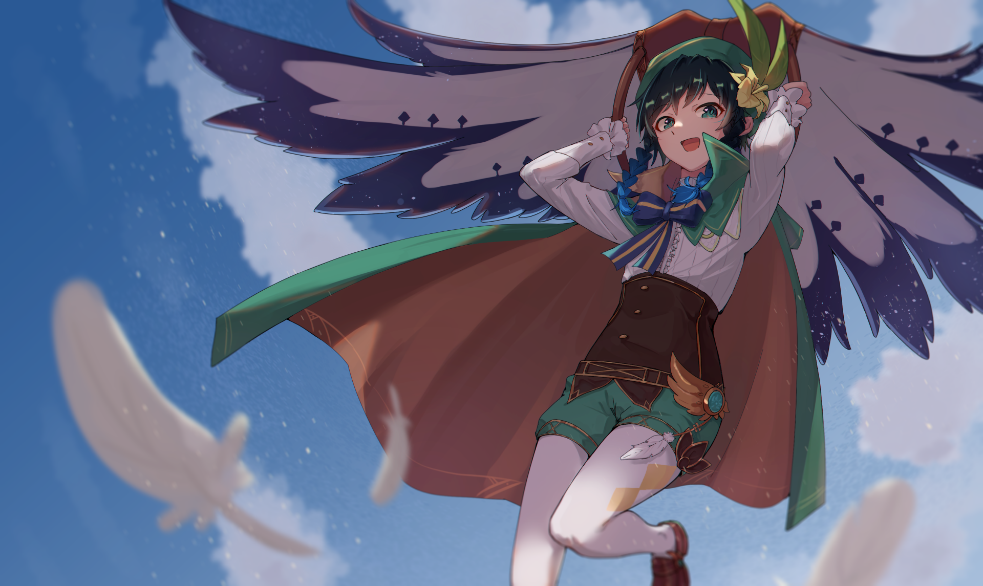 HD PC desktop wallpaper featuring Venti from the video game Genshin Impact, depicted mid-air with an expressive pose against a bright blue sky with feathers floating around.