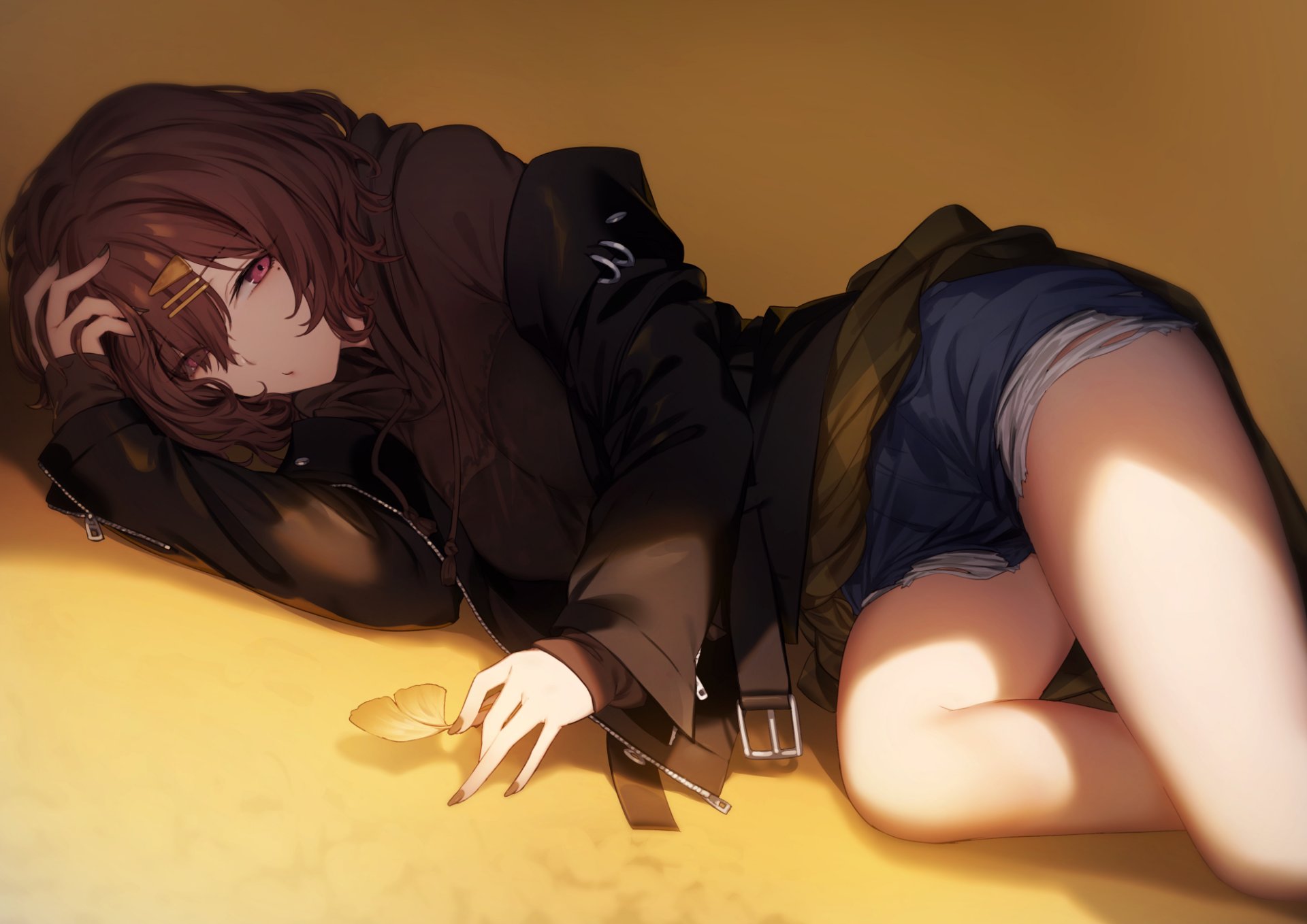 HD anime desktop wallpaper featuring Madoka Higuchi from The iDOLM@STER: Shiny Colors, lying down with a contemplative expression in a casual outfit.