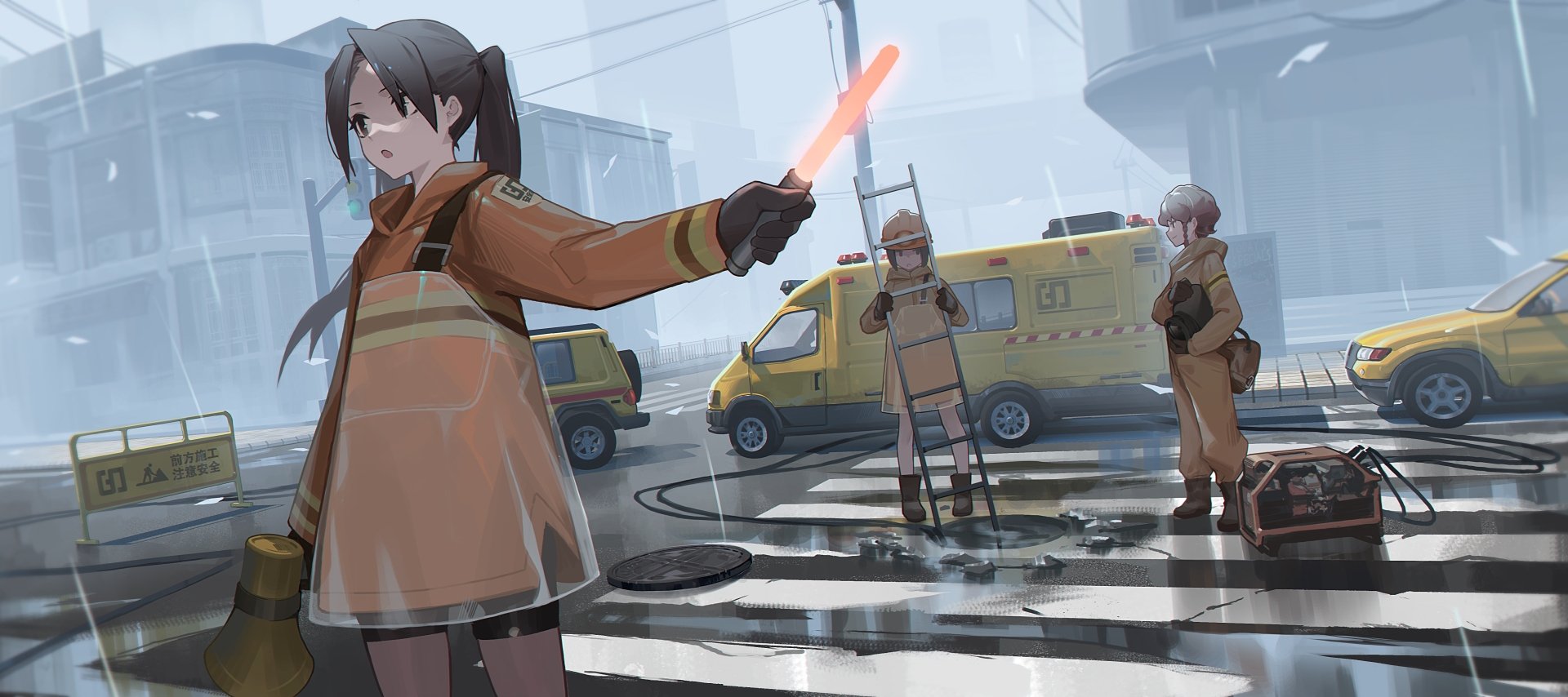4K Ultra HD anime wallpaper featuring a girl directing traffic with a light baton in a rainy city scene, alongside emergency vehicles and workers.