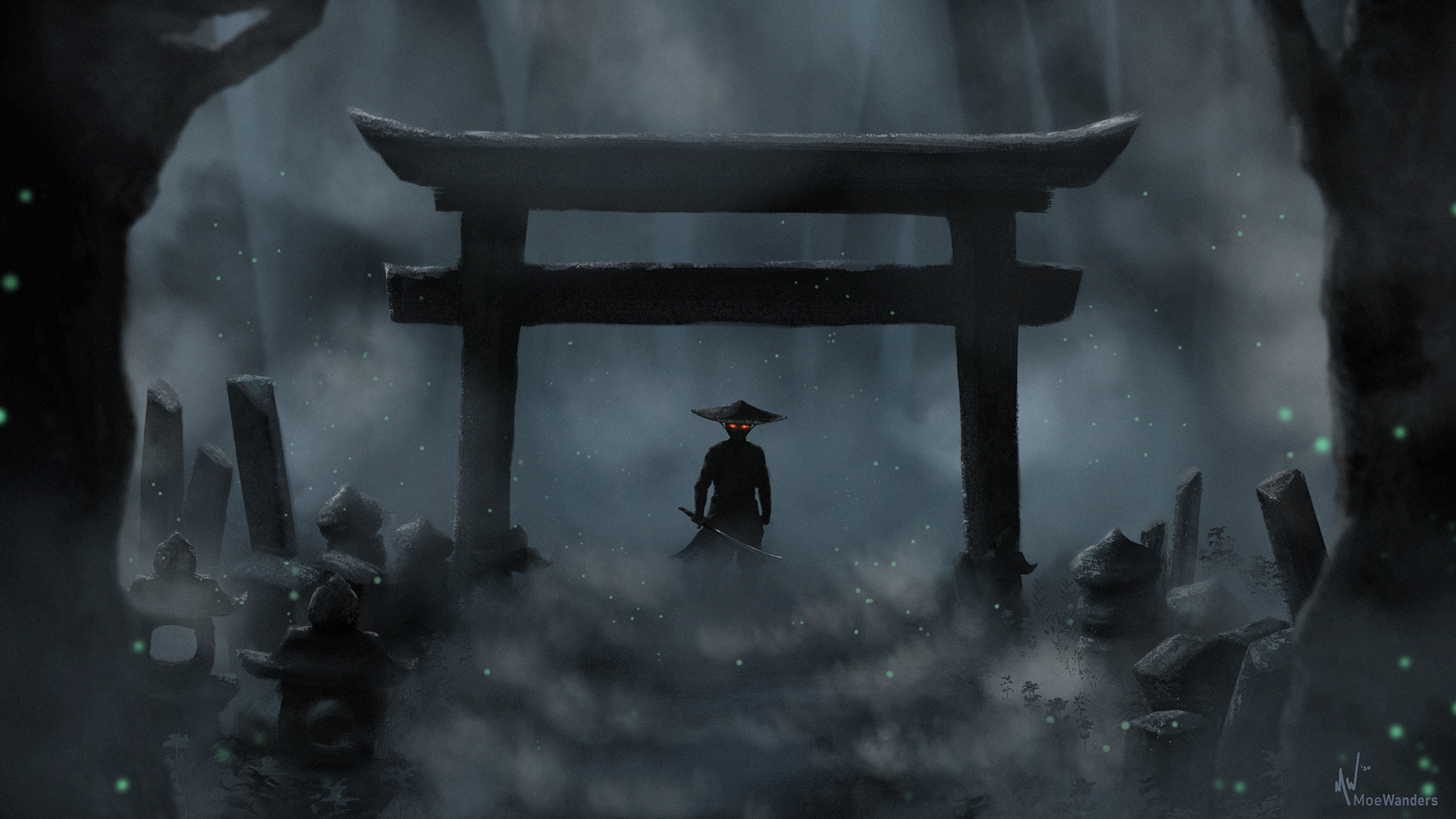 HD PC desktop wallpaper/background: Jin Sakai silhouette kneeling beneath a misty torii gate in Ghost of Tsushima video game style, shafts of light and stone markers.