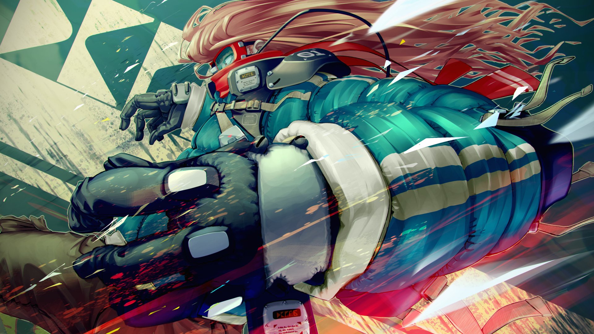 A dynamic 4K Ultra HD anime girl wallpaper featuring vibrant colors and futuristic armor, capturing intense motion and energy in a detailed PC desktop background.