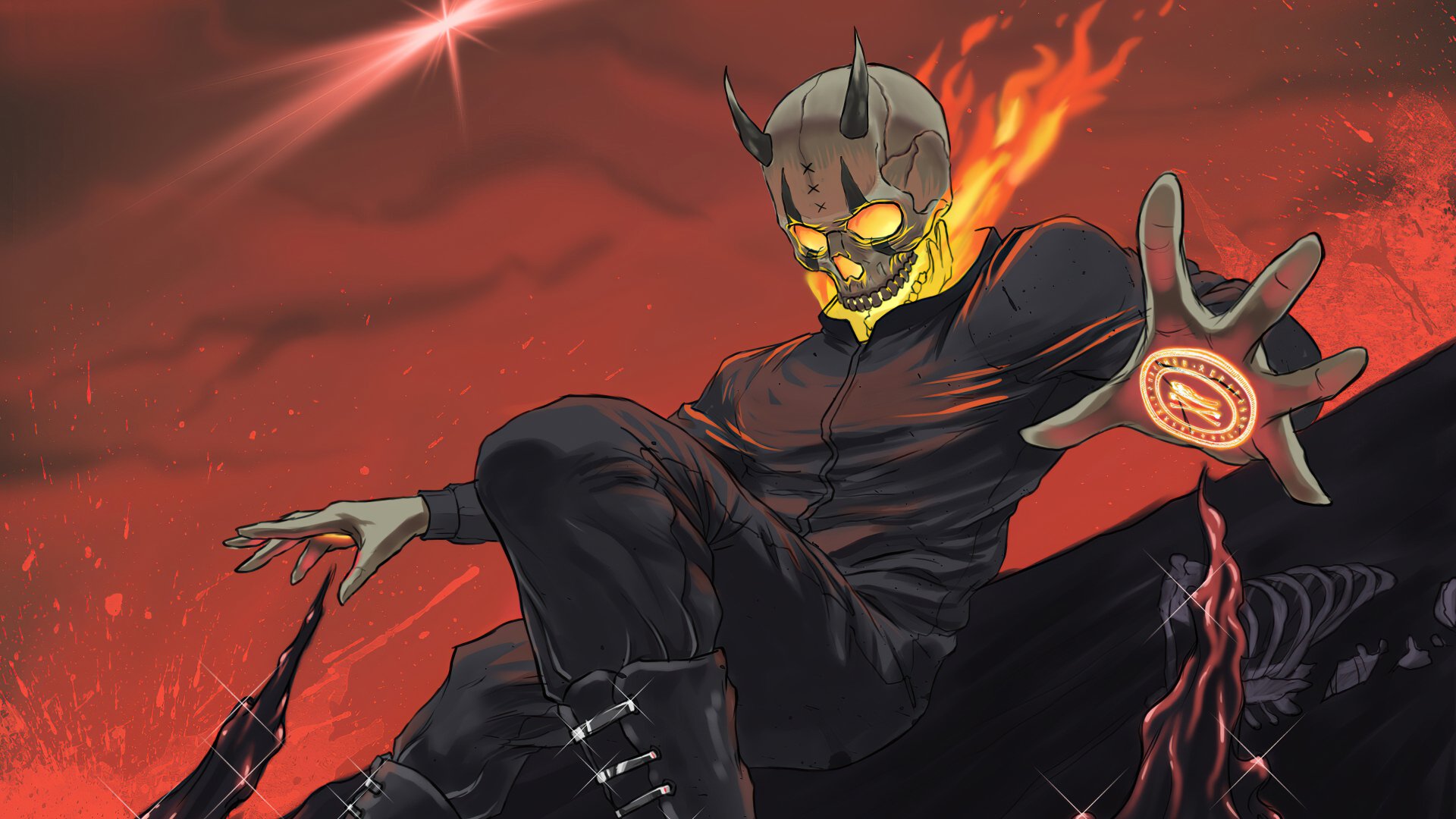 A dark, fiery skull figure with glowing eyes and flames, set against a smoky red backdrop, rendered in 4K Ultra HD for PC desktop wallpaper and background.